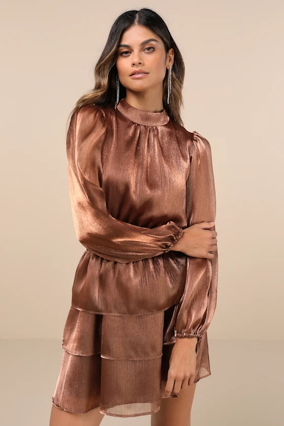 Ideal Behavior Bronze Metallic Backless Tiered Mini Dress | Lulus