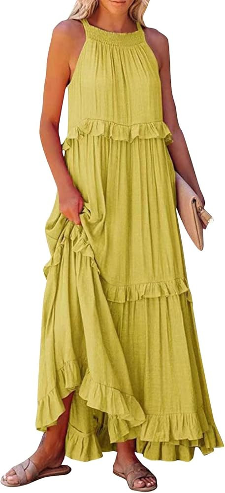 Halter Dresses for Women Smocked Tiered Flowy Swing Maxi Dresses Summer Cocktail Formal Wedding G... | Amazon (US)