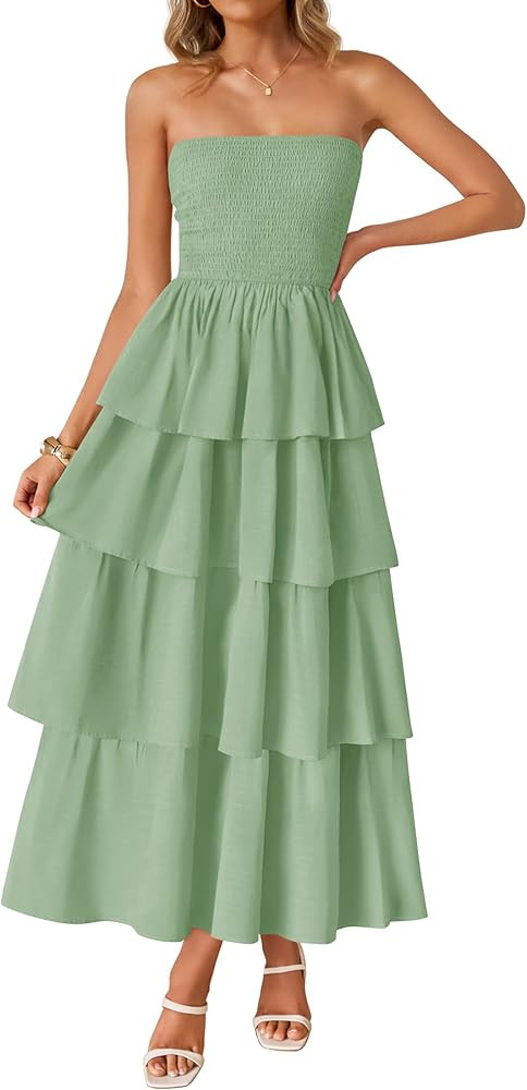 ZESICA Women‘s Summer Boho Strapless Maxi Dress 2025 Casual Sleeveless Off Shoulder Smocked Tie... | Amazon (US)