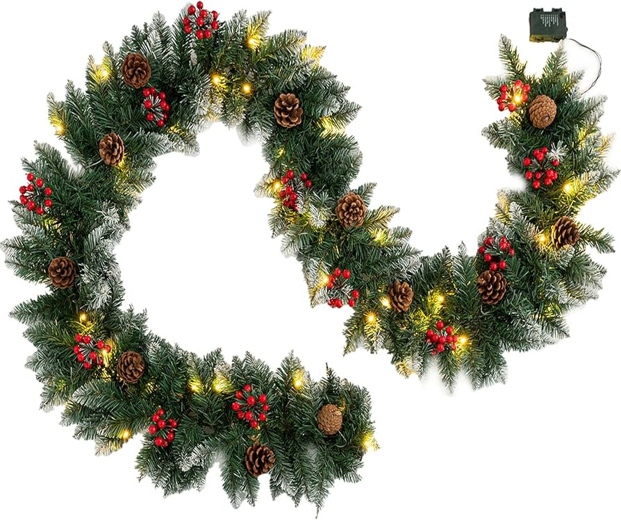 SLPBABY 9FT Artificial Christmas Garland Pre-Lit with 50 LED Lights, Battery Powered, Decorated w... | Amazon (US)