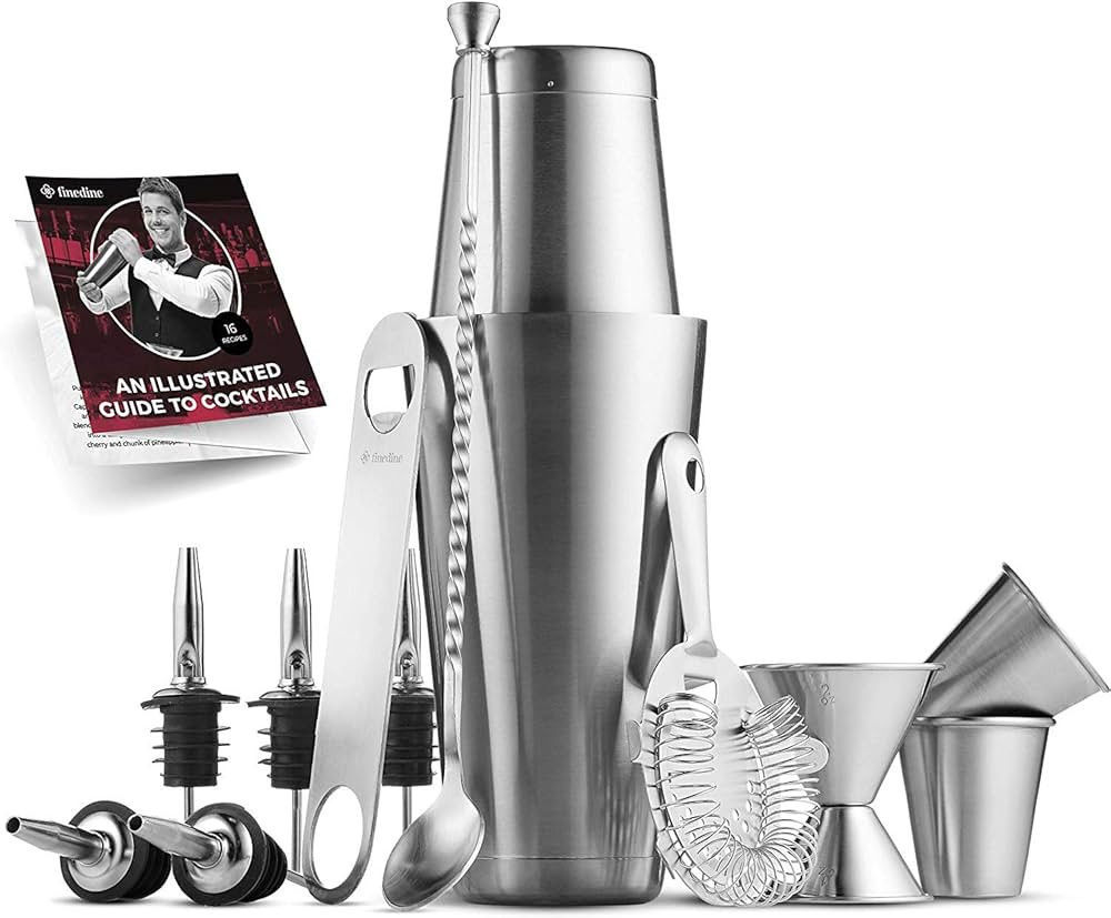 Expert Cocktail Shaker Home Bar Set - 14 Piece Stainless Steel Bar Tools Kit with Shaking Tins, Flat Bottle Opener, Double Bar Jigger, Hawthorne Strainer, Shot Glasses, Bar Spoon, and 6 Pour Spouts. | Amazon (US)