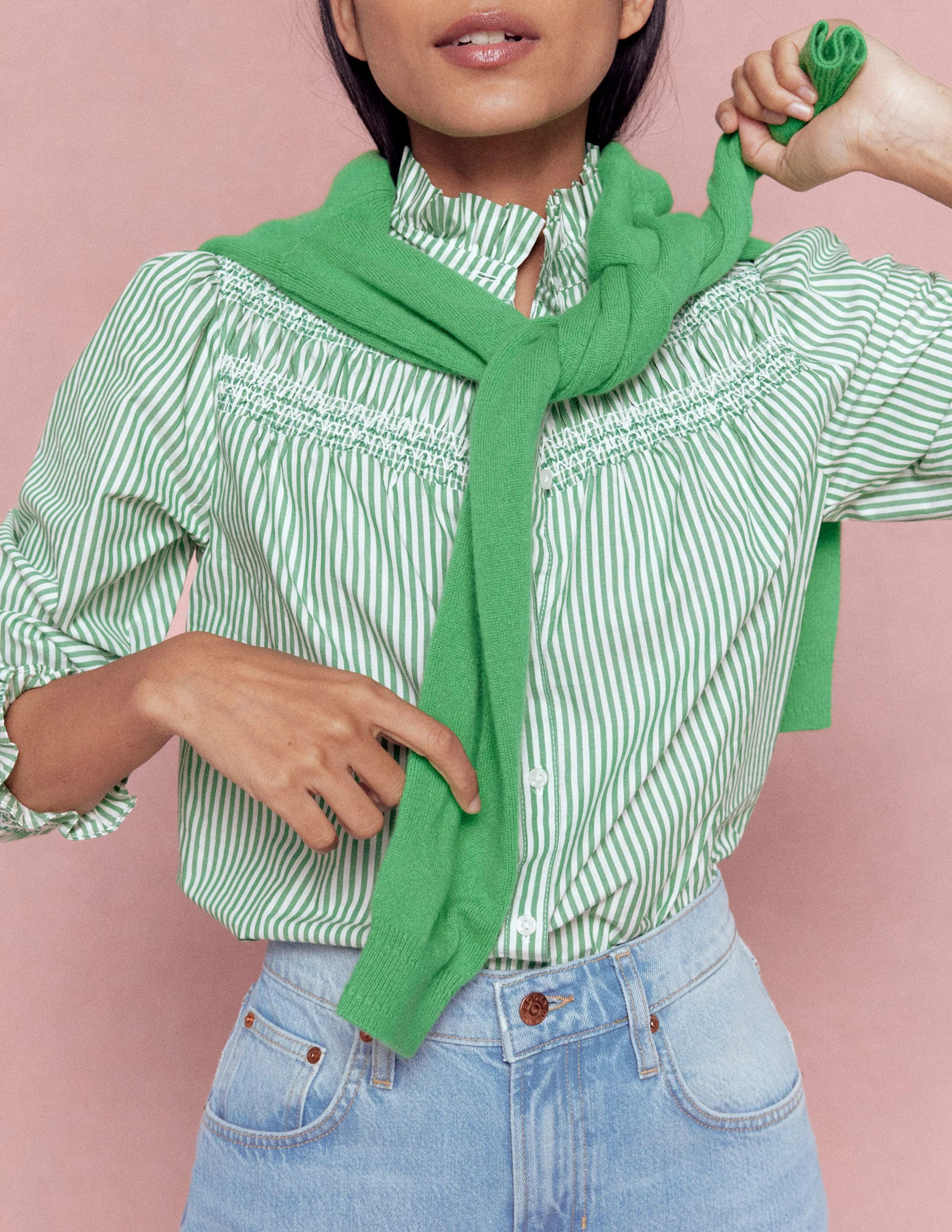 Esme Smocked Detail Frill Top-Highland Green, Ivory Stripe | Boden UK