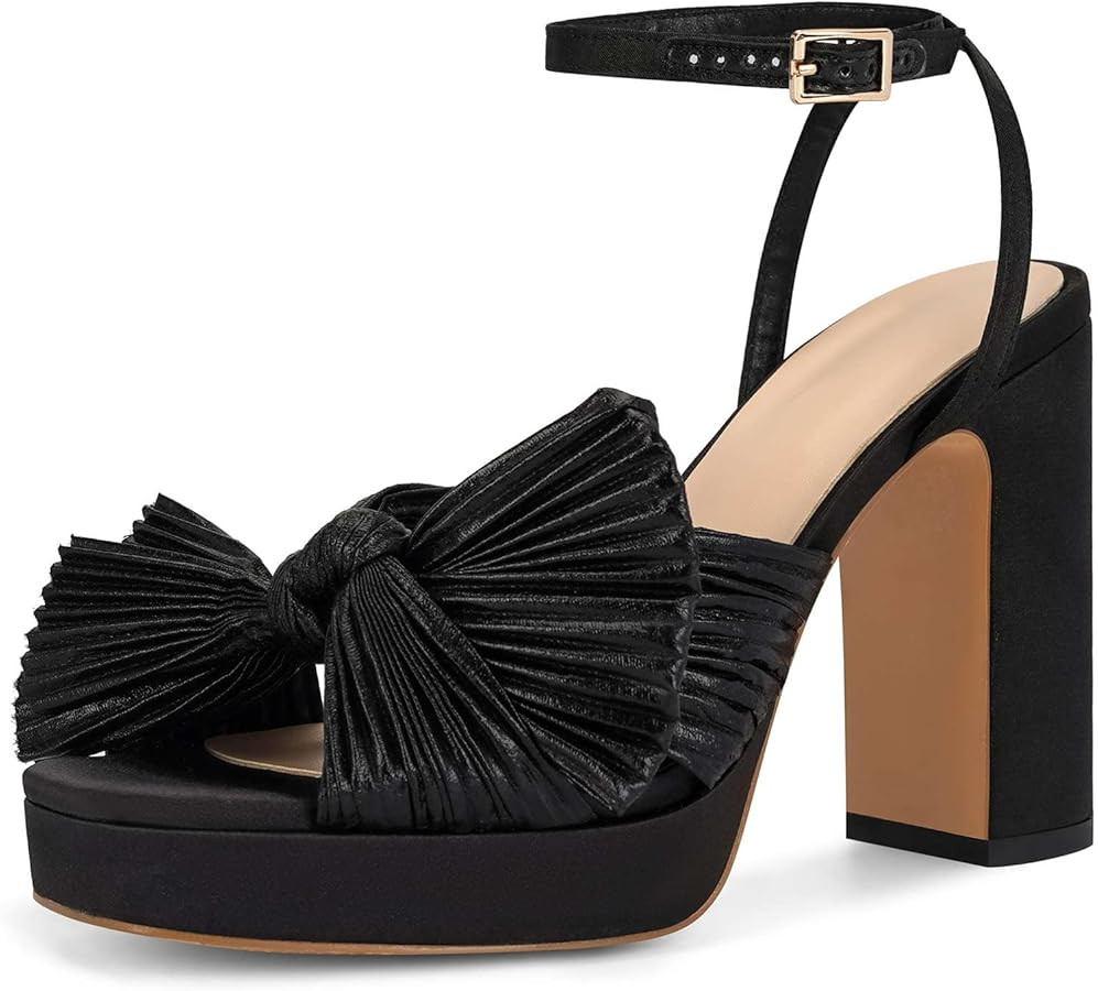 MICIFA Women's Bow Heeled Sandals Pleated Bowknot Platform High Heel Sandals Ankle Strap Chunky D... | Amazon (US)