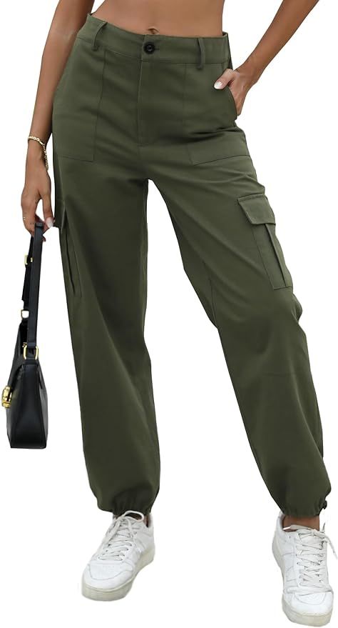 Yoetaun Womens Casual Cargo Pants High Waisted Wide Leg Straight Trouser with 6 Pockets Work Hiki... | Amazon (US)