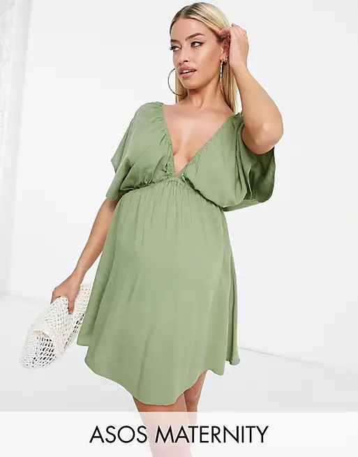 ASOS DESIGN Maternity flutter sleeve mini beach dress in khaki | ASOS (Global)