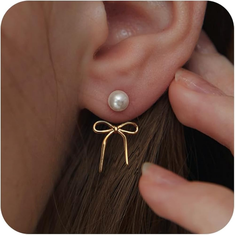 Gold Pearl Earrings for Women Trendy: Bow Earrings 14k Gold Plated Dainty Drop Pearl Earrings Hyp... | Amazon (US)