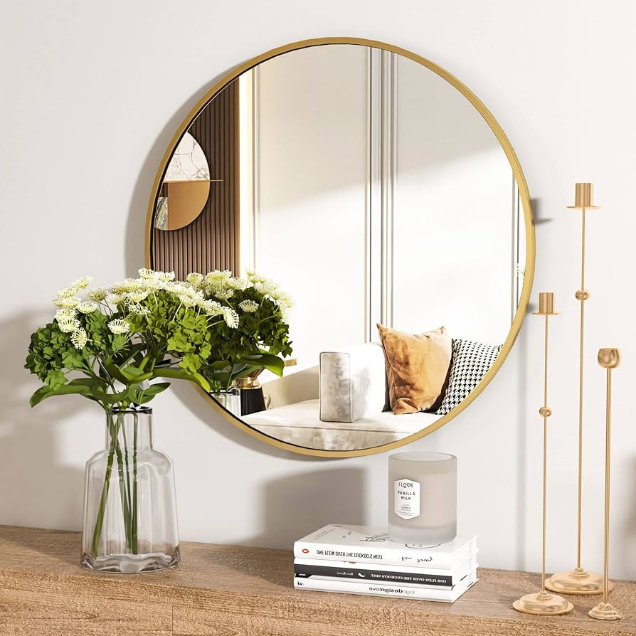 Round Mirror 19.6 Gold Wall Mounted Circle Mirrors Vanity Mirror with Brushed Aluminum Alloy Fram... | Amazon (US)