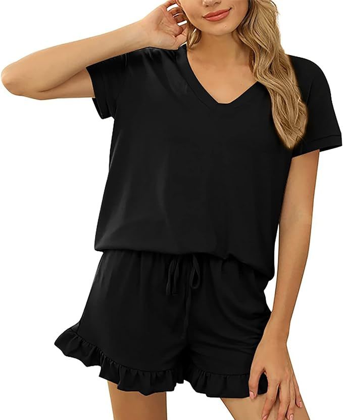 RUNBULE Womens Pajamas Set V Neck Short Sleeve Tops and Shorts Sleepwear Loungewear Ruffle Hem PJ... | Amazon (US)