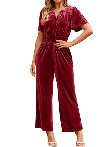 Simplee Womens Velvet Jumpsuit Dressy Short Sleeve Wide Leg V Neck Elastic Waist Formal Jumpsuits 2025 Winter Holiday Outfits Red,M | Amazon (US)