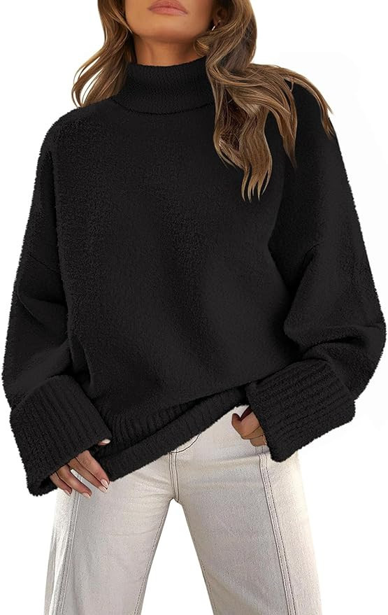 MEROKEETY Women's Turtleneck Fuzzy Knit Pullover Sweaters Long Sleeve Oversized Casual Jumper Top... | Amazon (US)