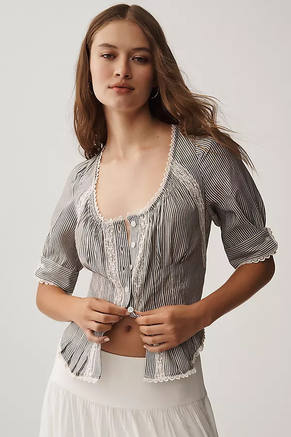 Short-Sleeve Pintuck Button-Front Blouse | Anthropologie (US)