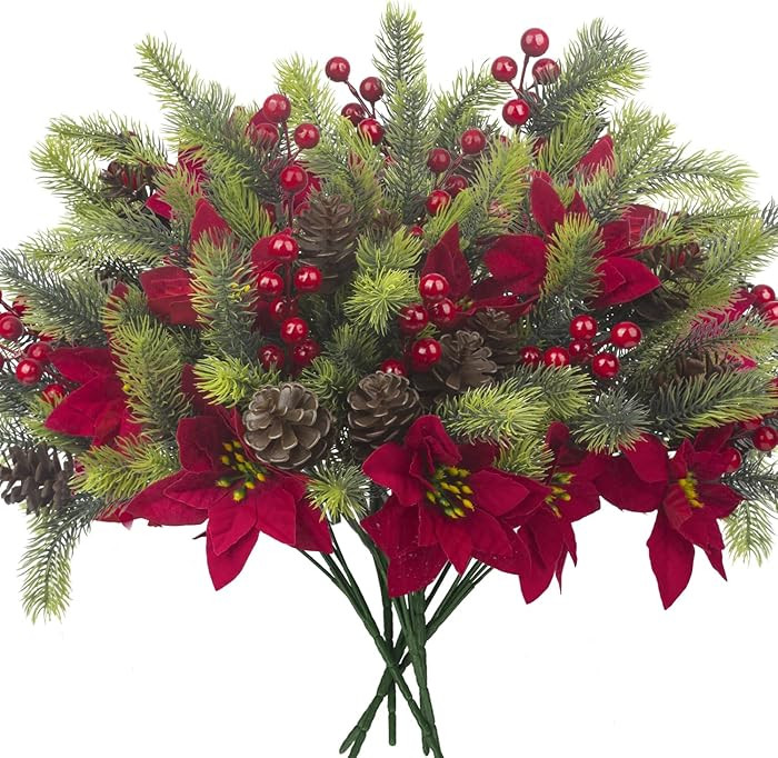 8PCS Artificial Flowers Bouquet Christmas Floral Pine Cones Red Fake Berry Picks Stems Holly Holi... | Amazon (US)