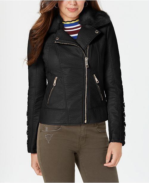 GUESS Faux-Fur-Collar Faux-Leather Jacket & Reviews - Coats - Women - Macy's | Macys (US)