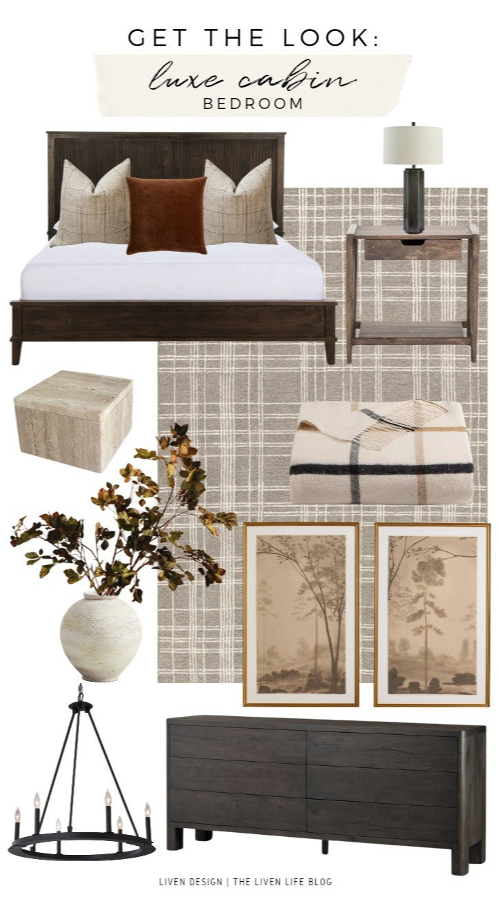 Luxe cabin. Home decor. Bedroom decor. Velvet pillow. Throw pillows. Black table lamp. Plaid throw blanket. Windowpane throw. Plaid rug. Rustic. Dresser. Nightstand. Ring chandelier. Farmhouse. Terracotta vase. Landscape painting. Wall art. Nature art. Marble box. Decorative box

#LTKSeasonal #LTKHome #LTKSaleAlert