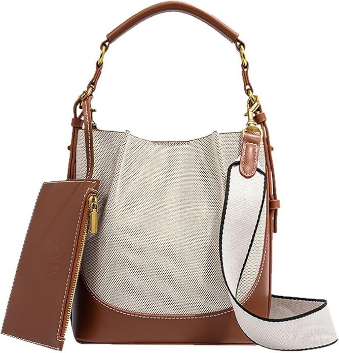 Women's bucket shaped wallet, wide shoulder strap, single shoulder handbag, canvas crossbody, dra... | Amazon (US)