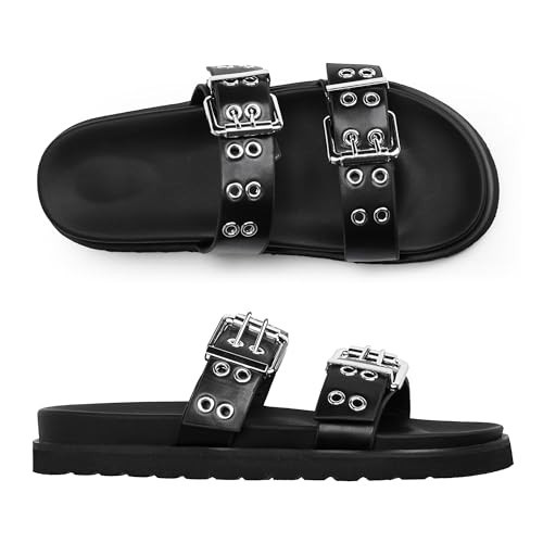 Modatope Black Flat Sandals for Women Slide Sandals Double Buckle Adjustable Sandals Open Toe Slip On Sandals Size 7 | Amazon (US)