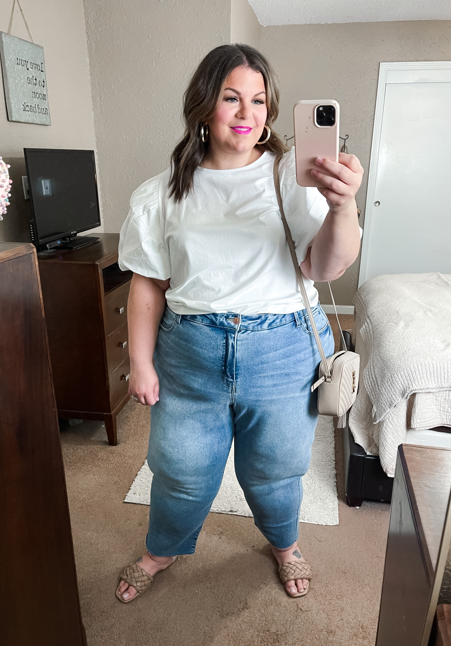 Plus size Target outfit - classic jeans and a fun white tee! Wearing a 26 in the jeans but plan to swap for a 24. Wearing the tee in a 2X - true to size but on the shorter side. Wide width sandals size 12. 🎉 These plus size jeans are so good! 
I’m 5’7 for height reference. 

#LTKFind #LTKunder50 #LTKcurves