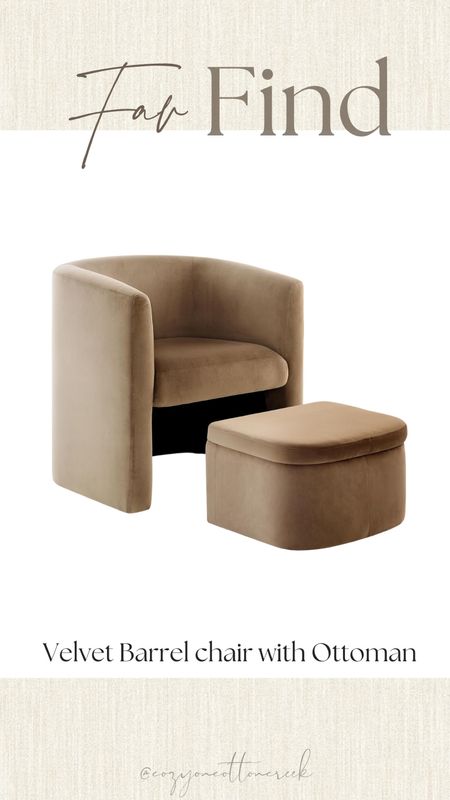 Barrel chair with ottoman
Velvet chair
Brown chair and ottomann

#LTKStyleTip #LTKHome #LTKSaleAlert