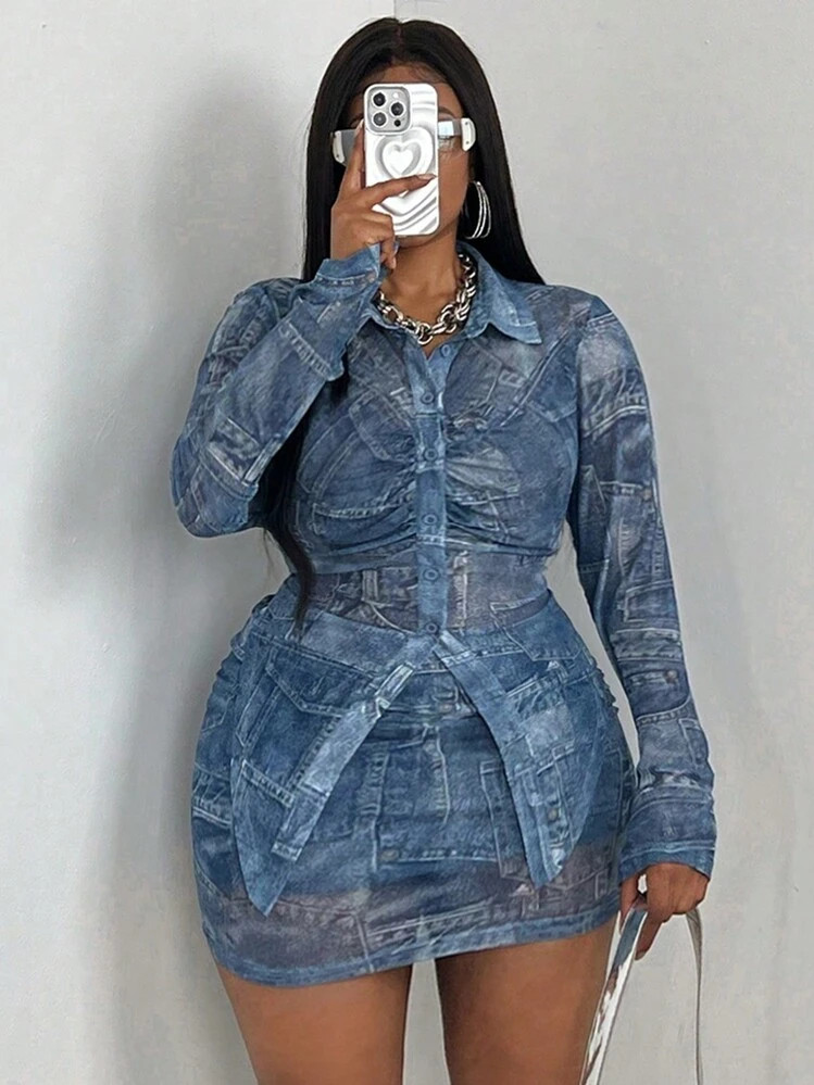 Maweii Plus Size Denim Effect Sexy Ruched 2 Pieces Set Fall Cloth For Women | SHEIN