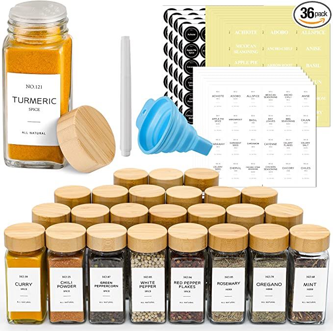 NETANY Spice Glass Jars with Labels - 4 oz with Bamboo Lids, Minimalist Farmhouse Spice Labels St... | Amazon (US)