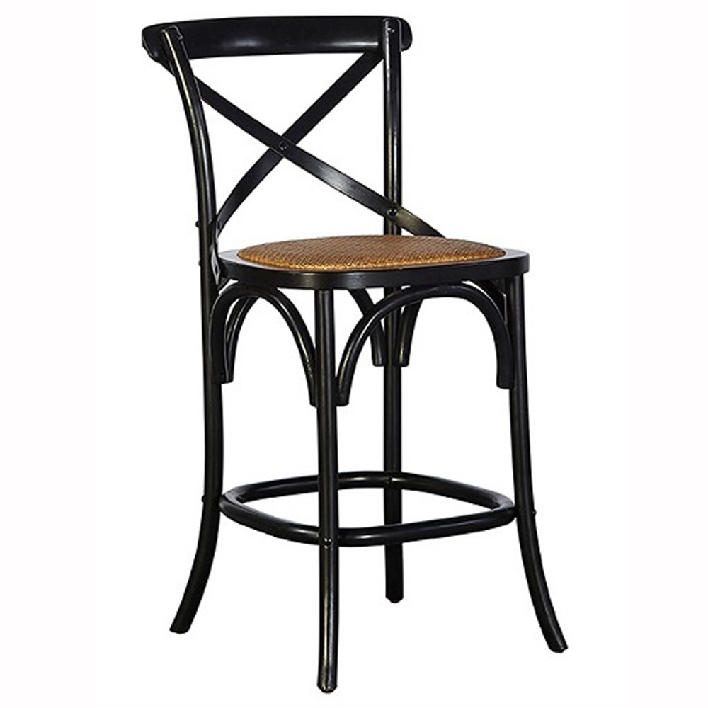 Maze Rustic Brown Rattan Black Birch Wood Metal Cross Back Counter Stool | Kathy Kuo Home