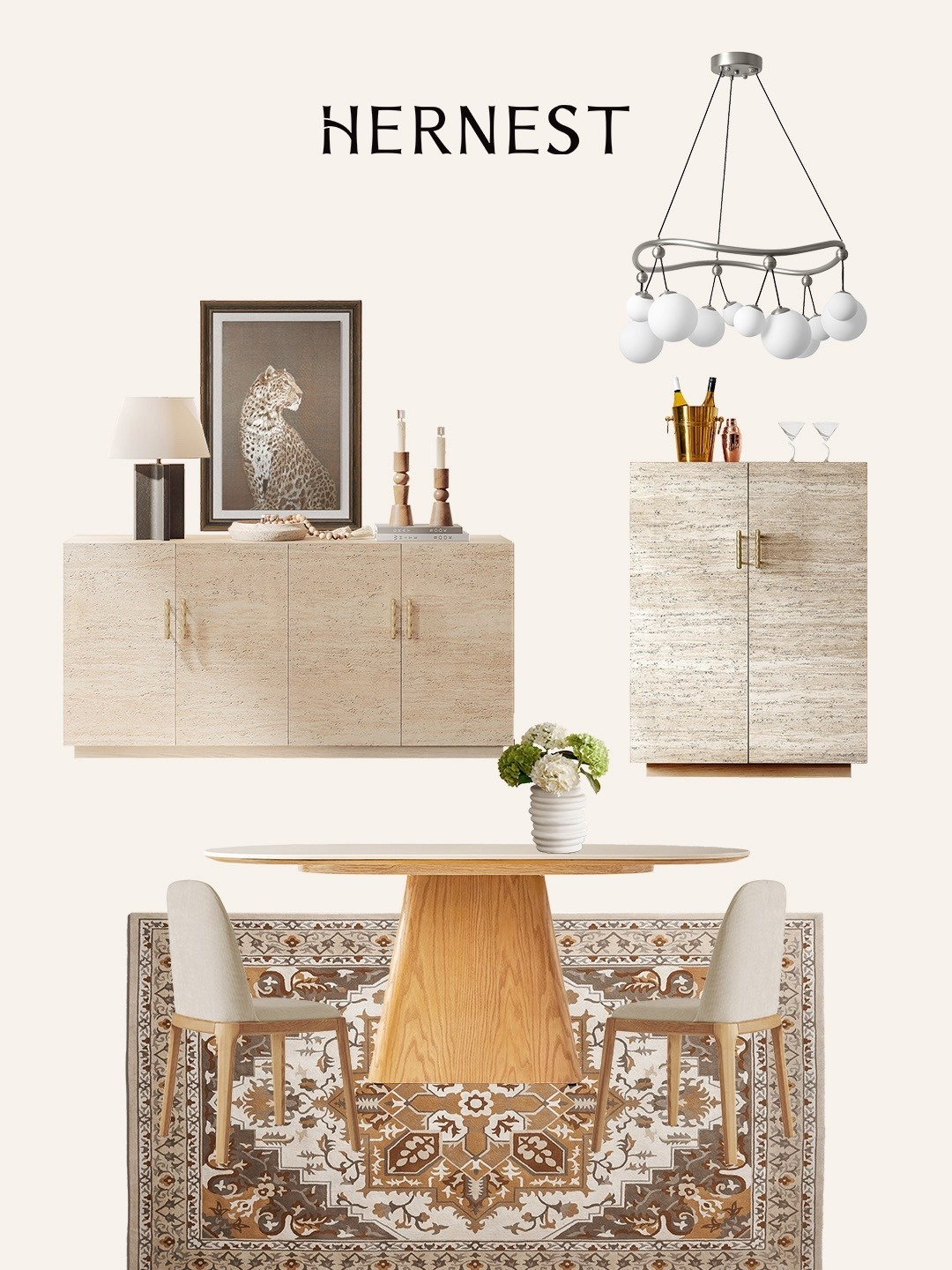 A HERNEST dining table that doubles as a stunning piece of art. From the architectural details to the functional stone style top - this is an heirloom piece! Paired with dining chairs that balance style & comfort and the beautiful pottery vases on this stone sideboard are a showstopper. All tied together with a beautiful vintage style rug - say no more! 

#homefinds #modernvintagedining #stonefurnitire 