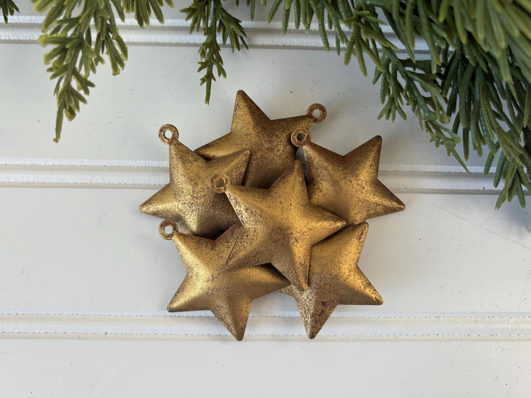 Gold Star Jingle Bell Ornaments Rustic Decorative Stars Set of 6 Metal Vintage Star Christmas Par... | Etsy (US)
