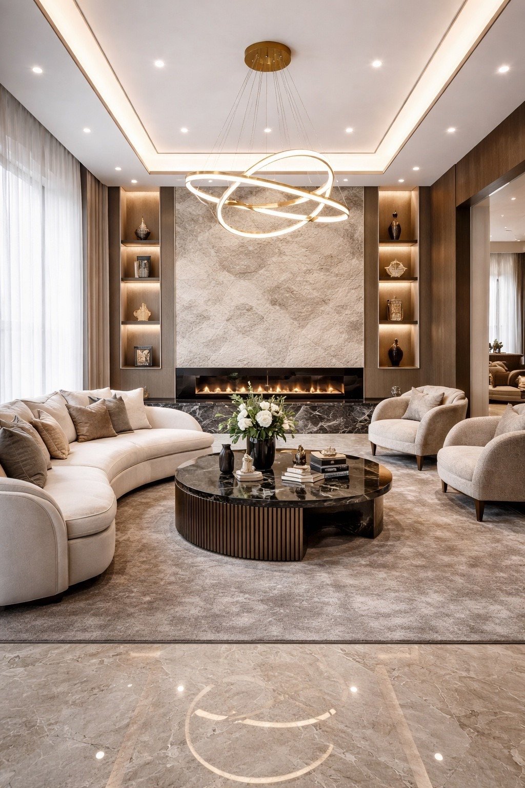 A luxe neutral living room with soft curves, warm lighting, and a sophisticated high-end feel.

#livingroomideas #luxurylivingroom #modernlivingroom #neutralhome #neutraldecor #homedecor #interiordesign #luxuryhome #modernhome #elegantinteriors #highendinteriors #cozyluxury #designerhome #statementlighting #fireplacedesign #coffeetabledecor #curvedsofa #contemporaryinteriors #warmminimalism #beigehome #homeinspo #designinspo #wayfairhome #ltkhome #ltkit #shopthelook #pinteresthome #livingroomdecor #luxuryinteriors #sophisticatedstyle