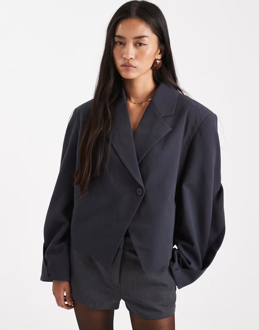 ASOS DESIGN tailored cropped asymmetric blazer in charcoal-Grey | ASOS (Global)