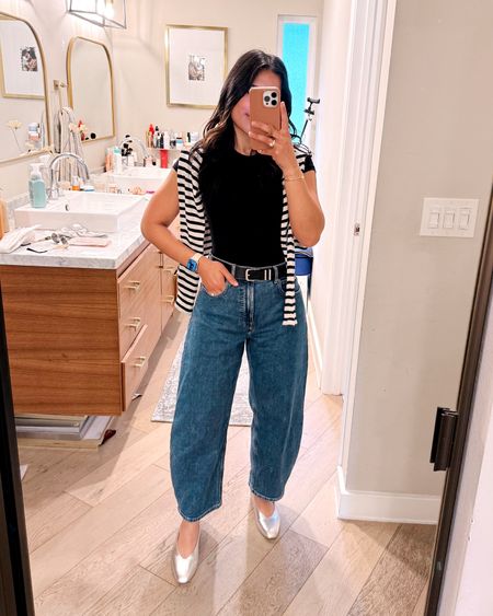 Casual outfit today! Love these jeans!! Such a fun shape, makes a simple casual outfit more interesting! Wearing my true size in the 27in inseam! My soft stretchy, semi contouring bodysuit is on sale for $20, comes in so many colors, fits true to size! 

#LTKshoecrush #LTKfindsunder50 #LTKsalealert