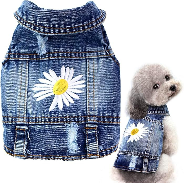 Dog Denim Jacket with Embroidered Daisy, Ripped Vintage Jean Vest for Small Dogs, Pugs, Chihuahua... | Amazon (US)
