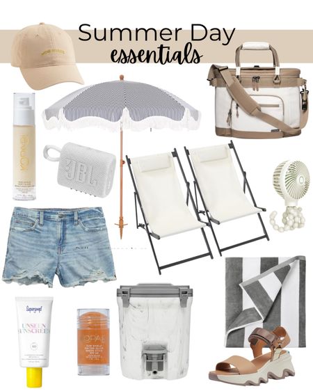 Summer day essentials including, traveling cooler, Stanley 2 gallon dispenser cooler, facial sunscreen, body sunscreen, clean sunscreen, Jean shorts, lounge chairs, umbrella, over sized beach towel, sores sandals, portable fan, hat 

#LTKtravel #LTKswim #LTKSeasonal