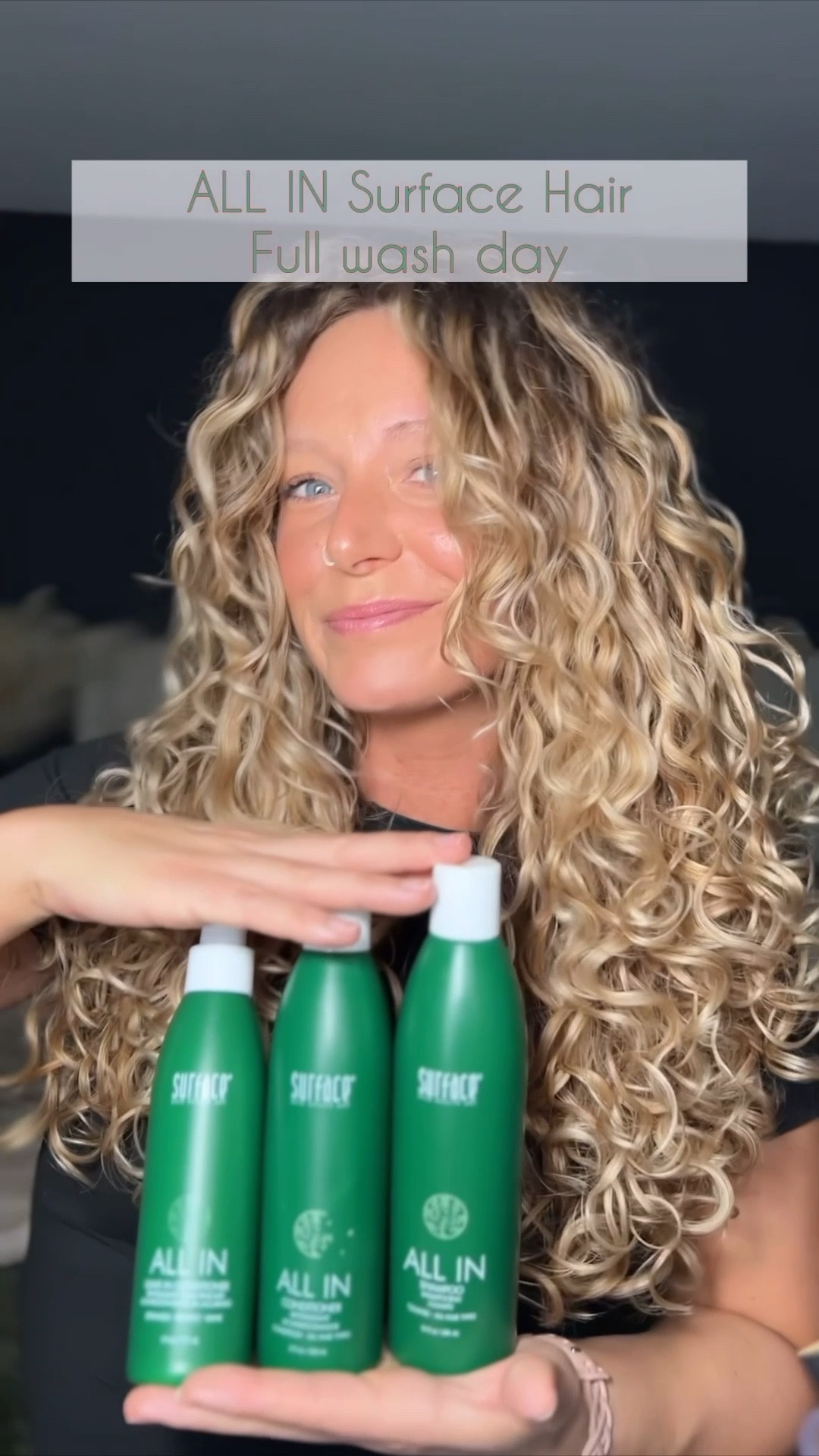 ALL IN | Surface Hair full wash day. Comment “surface” for the 🔗s. AD 

ALL IN Shampoo: Very sudsy! Leaves my hair feeling clean without feeling dry. 
ALL IN Conditioner: Love that I didn’t have to use half the bottle for it to work! After applying I added a tiny bit of water to detangle easily before rinsing. 
ALL IN Leave-in Conditioner: Light spray! Doesn’t add extra weight, but also offers heat protection, slip, and primes my hair for styling. 
Styled with the Surface Curls mousse! 

#surfacepartnership #surfacehair #lovemysurfacehair 