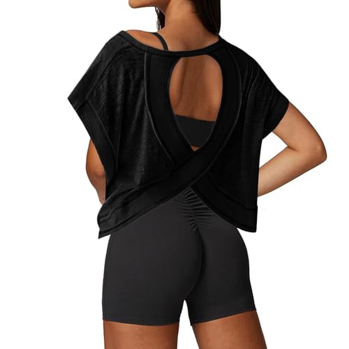 UNIANKIYA Open Back Workout Tops for Women Loose Fit Athletic Crop Tee Short Sleeve Gym Running Yoga Shirt Black | Amazon (US)