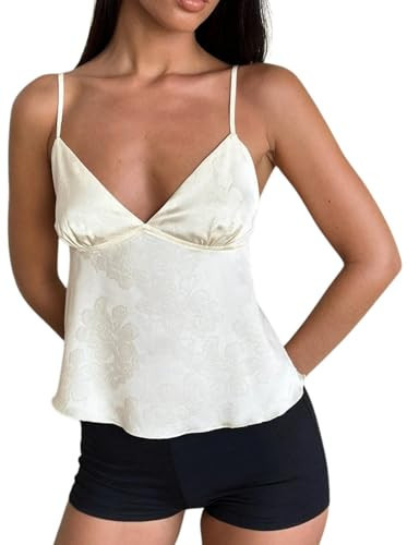 Women Satin Jacquard Top Floral V Neck Spaghetti Strap Crop Cami Cute Flowy Babydoll Tank Top Silk Going Out Shirt (Satin White, S) | Amazon (US)