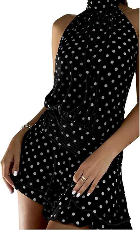 Floerns Women's Summer Mini Dress Sleeveless Halter Backless Ruched Date Night Layered A Line Dre... | Amazon (US)