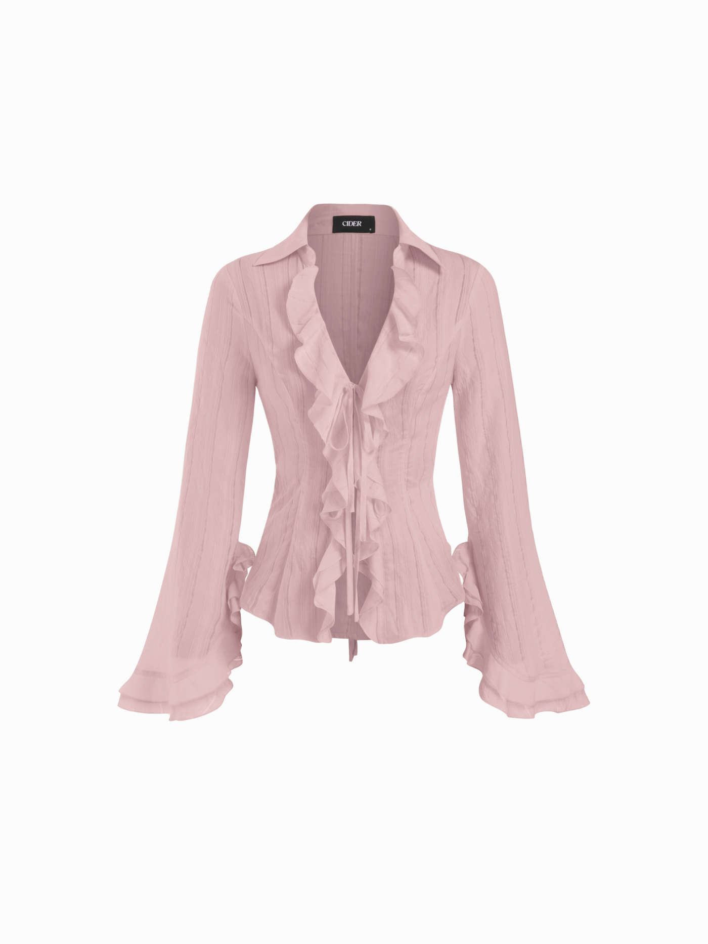 Woven Striped Tie Front Cinched Waist Ruffle Sleeve Blouse For Daily Casual | Cider