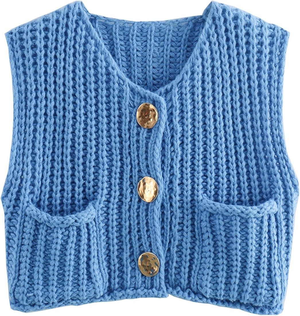 YKR Womens Chunky Knit Sweater Vest Sleeveless Button Down Cropped Cardigan Casual Knitted Croche... | Amazon (US)