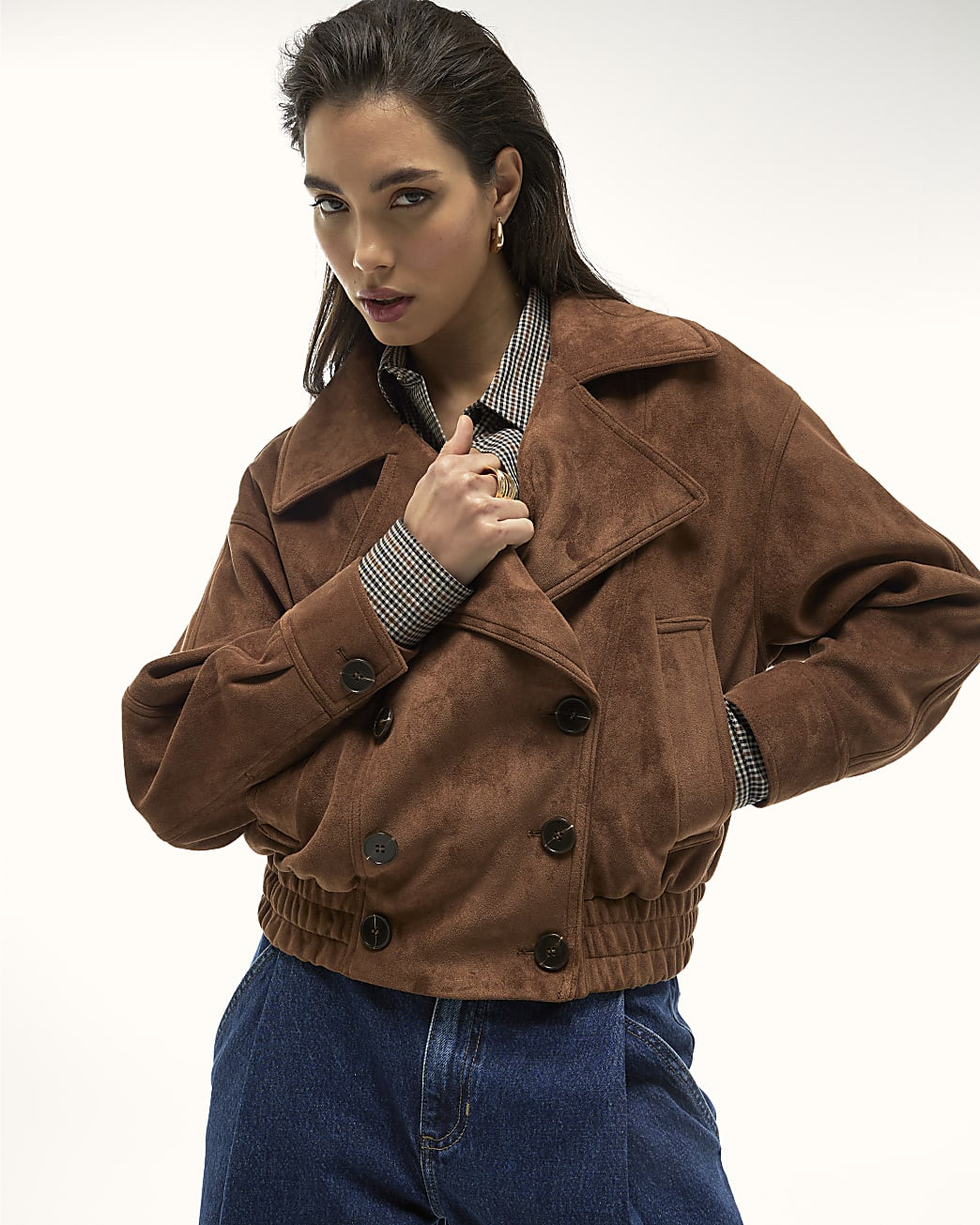 Brown Faux Suede Dropped Bomber Jacket | River Island UK & IE