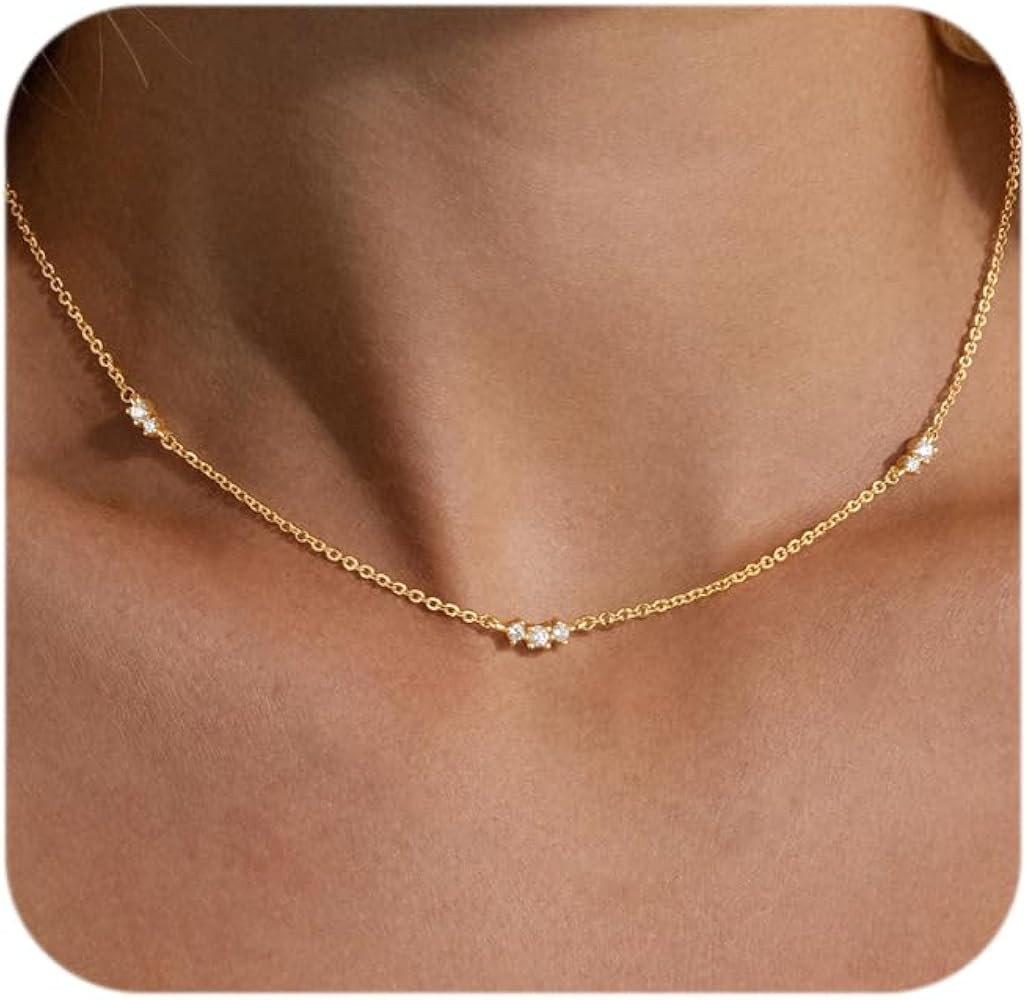 Gold Necklace for Women Dainty 14k Gold Plated Silver CZ Diamond Thin Choker Necklace Trendy Smal... | Amazon (US)