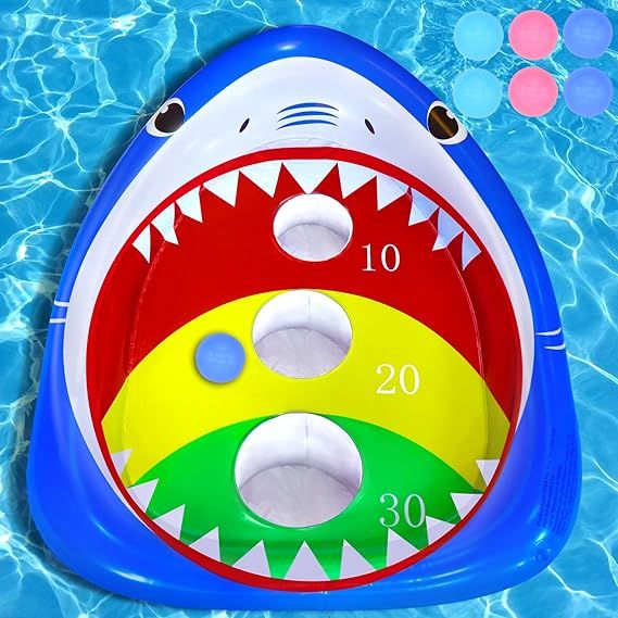 Pool Shark Cornhole Board Games Toys Set, Summer Inflatable Shark Floating Swimming Pool Ring Tos... | Amazon (US)
