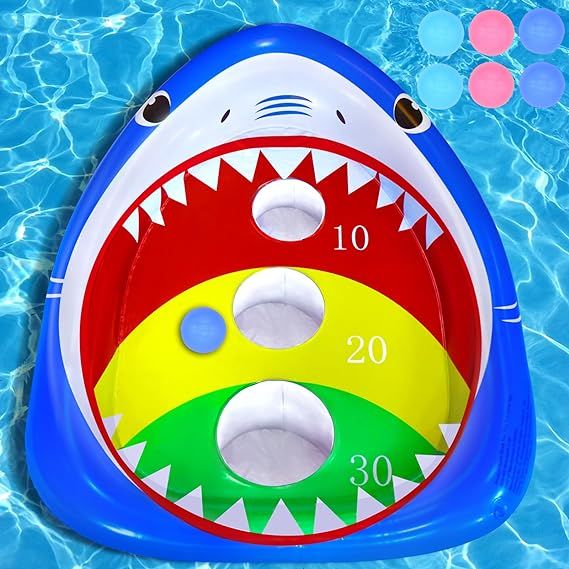 Pool Shark Cornhole Board Games Toys Set, Summer Inflatable Shark Floating Swimming Pool Ring Tos... | Amazon (US)