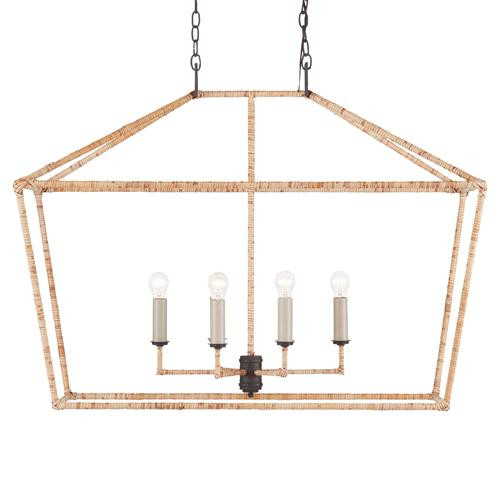 Benita Coastal Beach Natural Rattan Wrapped Iron Rectangular Lantern Pendant | Kathy Kuo Home