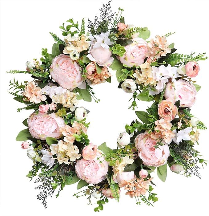 Agirlgle Spring Wreath Artificial Peony Flower Wreath for Front Door 20 inch Springtime Faux Flow... | Amazon (US)