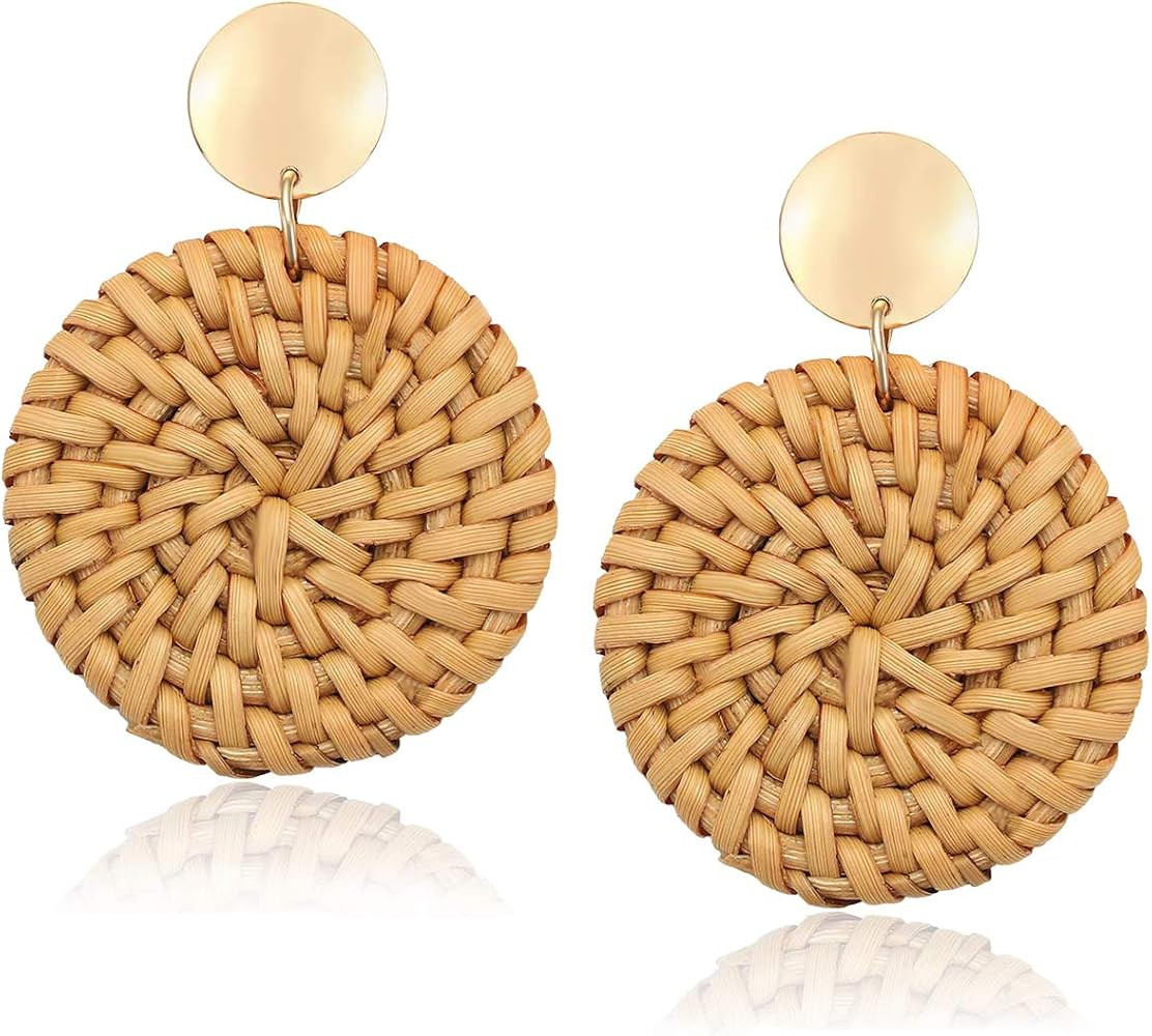 Rattan Earrings Handmade Straw Wicker Braid Woven Drop Earrings Boho Round Disc Earrings Lightwei... | Amazon (US)