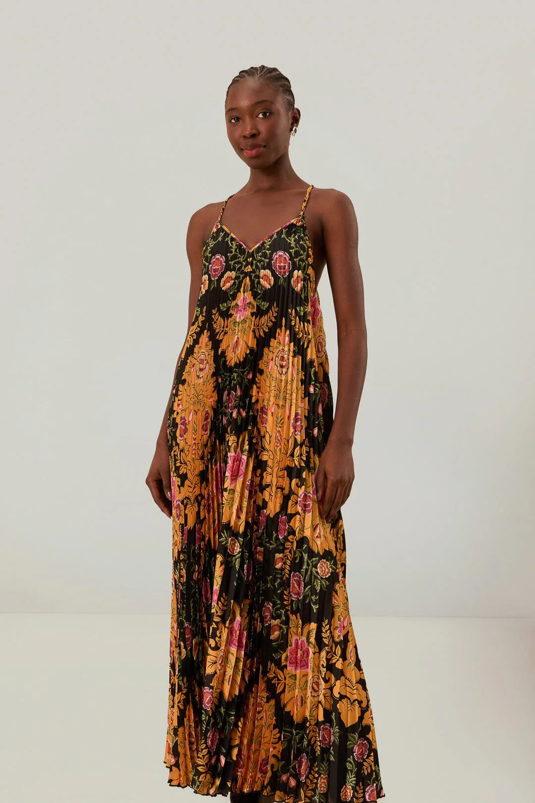 Black Arabesque Floral Pleated Midi Dress | FarmRio (US)