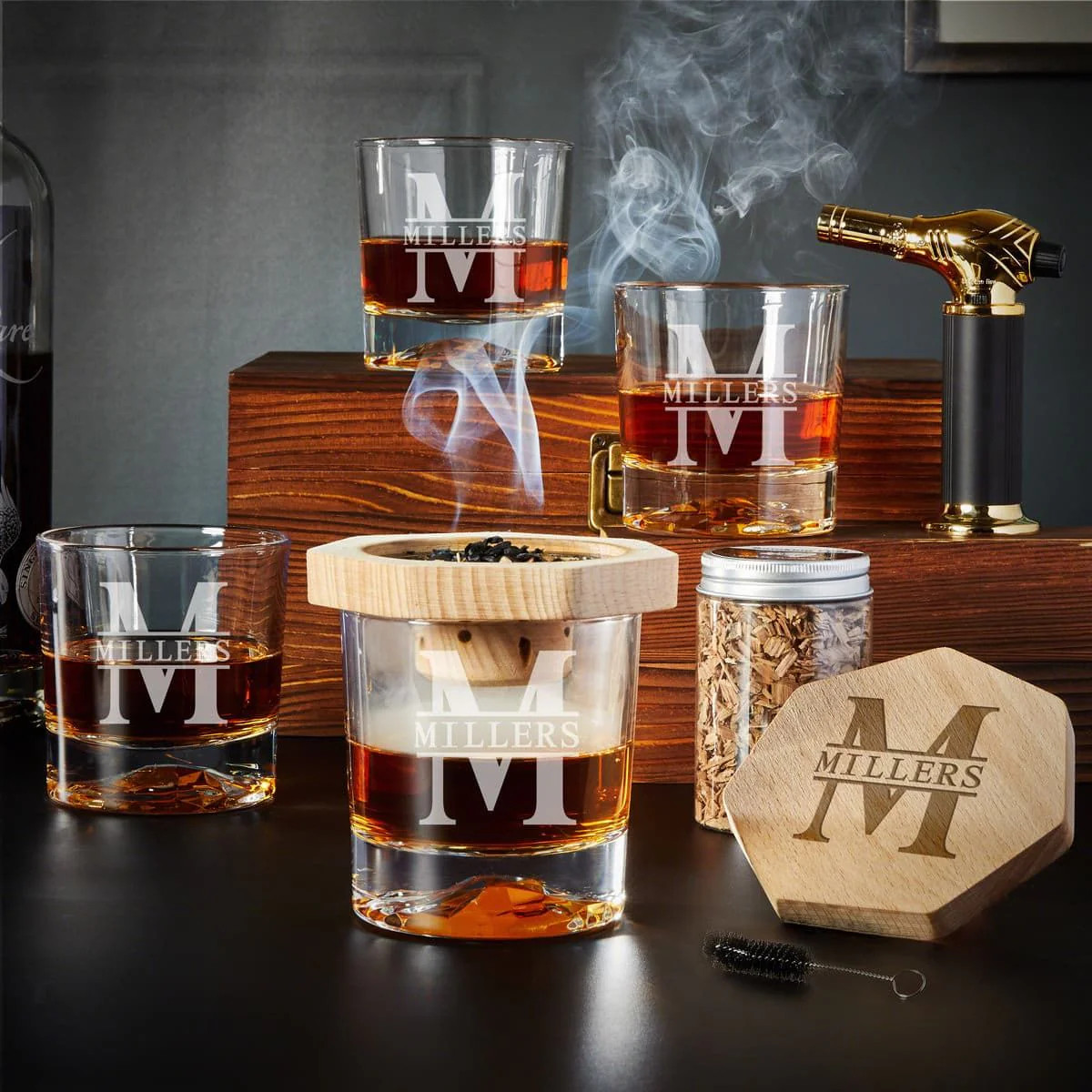 Black Diamond Engraved Cocktail Smoker Kit - 9pc Gift Set w Glacier Glasses | HomeWetBar.com