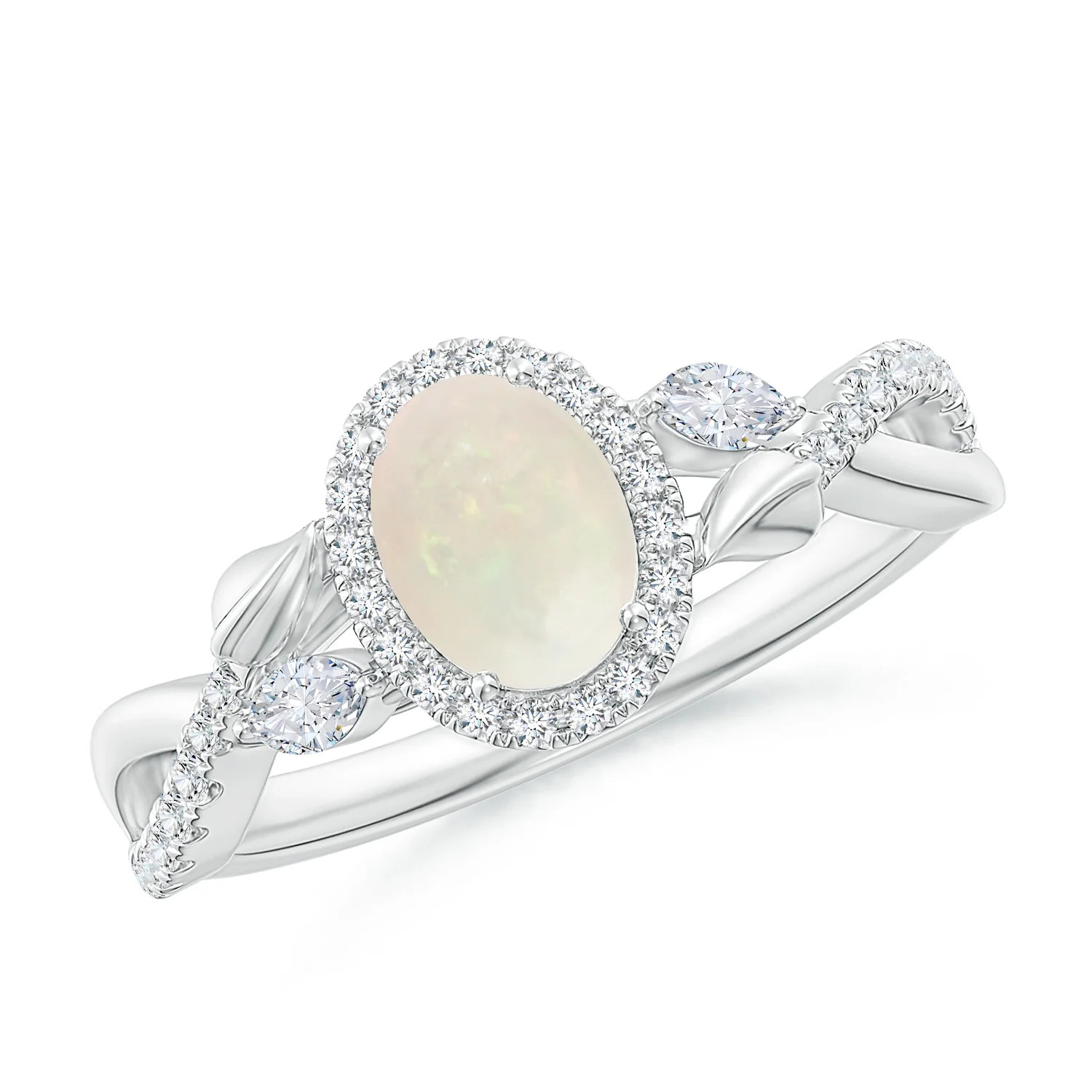 Oval Opal Twisted Vine Ring with Diamond Halo | Angara