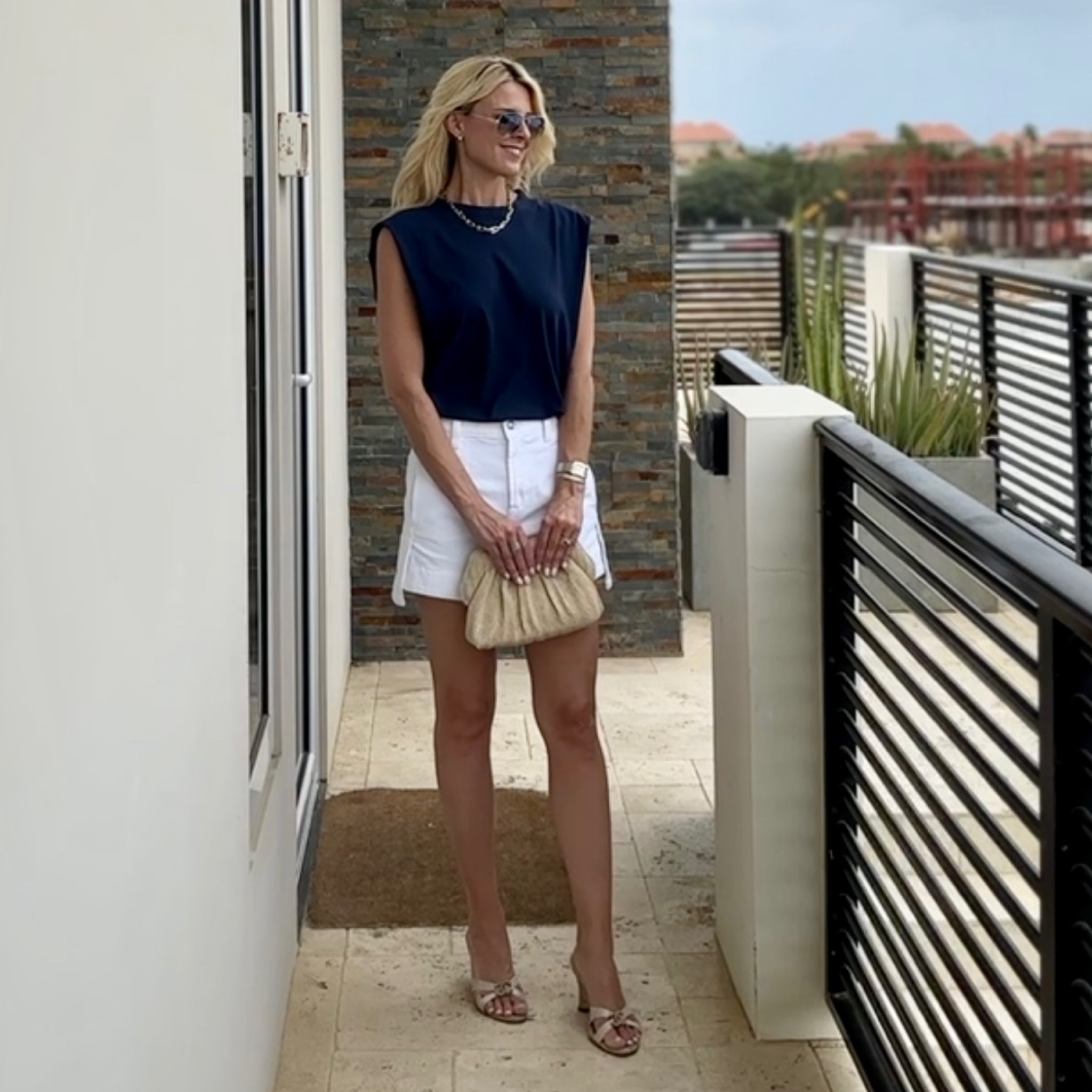 The challenge of finding a pair of white denim shorts that is flattering is real.   The step hems and side seam pockets create interest to this tailored style white denim shorts.    They are pretty much true to size,  My usual size is just a little loose on me, and the size down wasn’t available on the store to compare but I wasn’t wanting a tight look.   