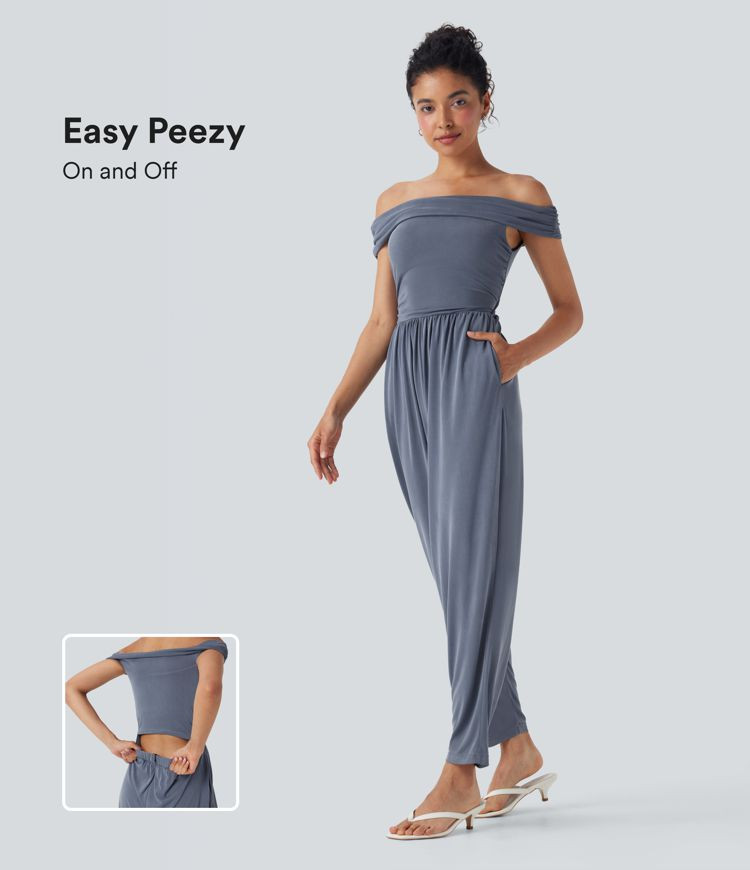Off Shoulder Back Zipper Casual Jumpsuit with Pockets-Easy Peezy | HALARA